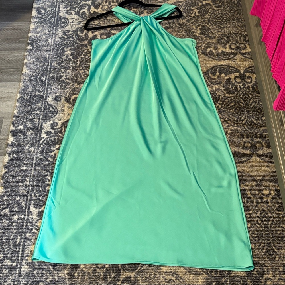 A New Day Aqua Green Twist Front Halter Satin Shift Midi Dress | Size Large